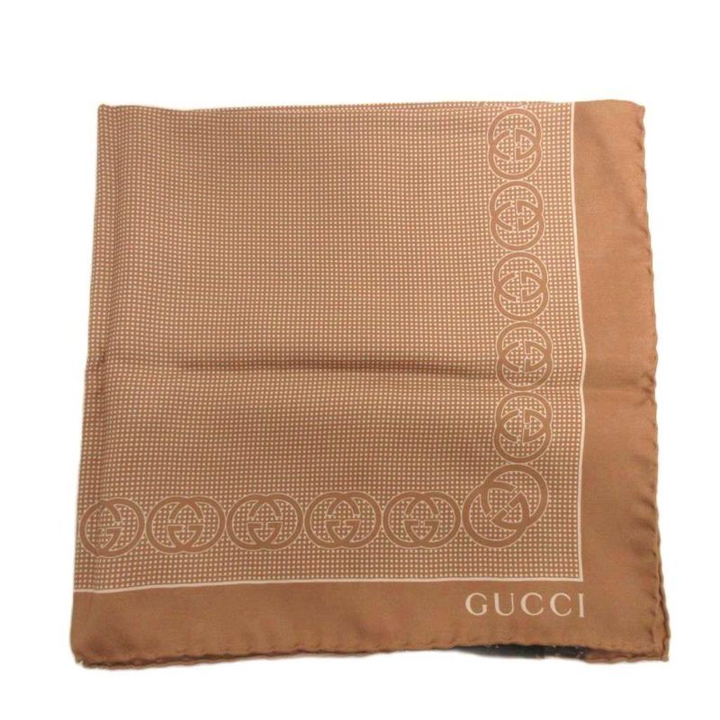 Gucci Handkerchief Scarf Pocket Chief Square Silk GG Logo Brown