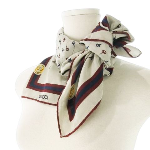 Gucci 70s Vintage Scarf Silk Interlocking Sherry Line Total Logo Gray CK22 -