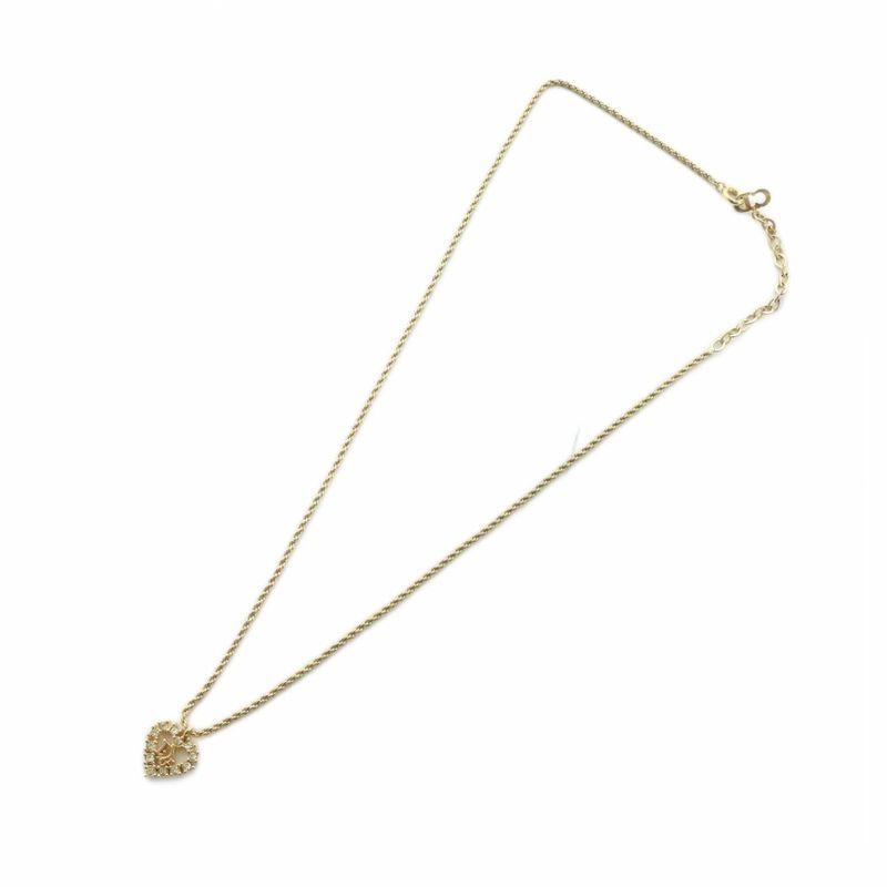 Christian DIOR Necklace Accessories Pendant Rhinestone Heart Logo Gold Color -