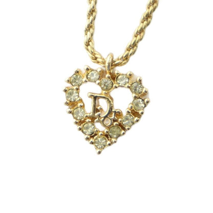 Christian DIOR Necklace Accessories Pendant Rhinestone Heart Logo Gold Color -