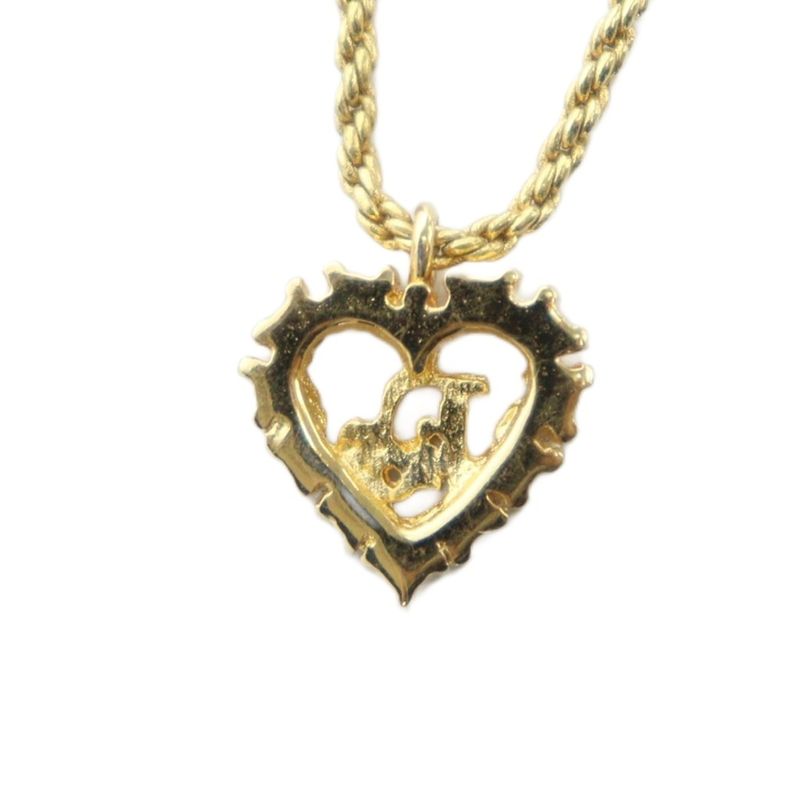 Christian DIOR Necklace Accessories Pendant Rhinestone Heart Logo Gold Color -