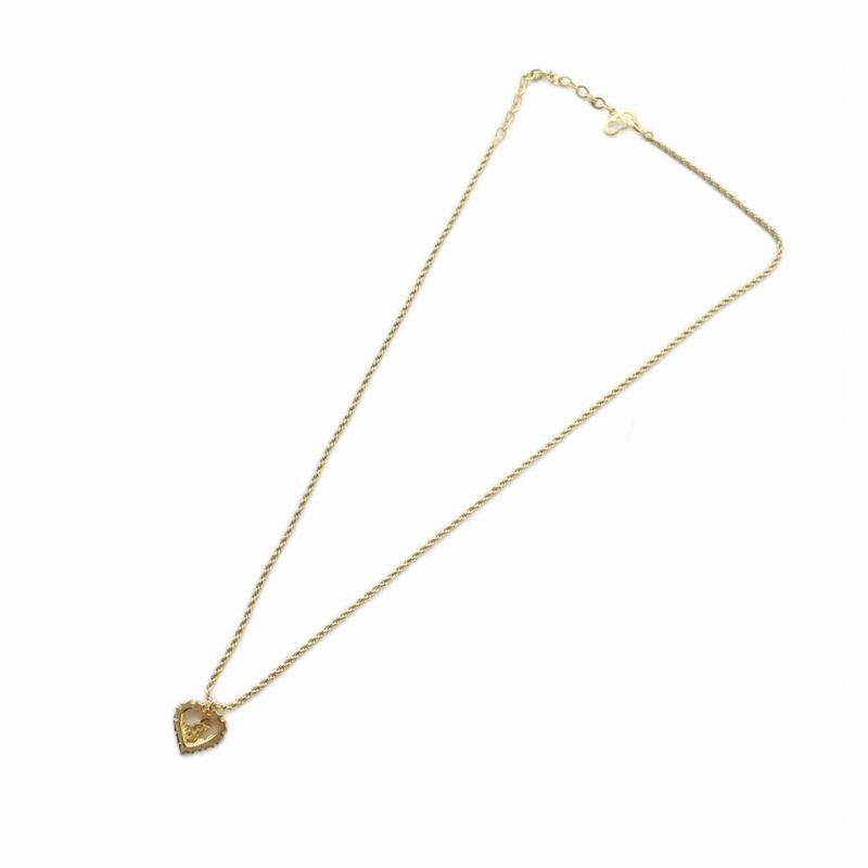 Christian DIOR Necklace Accessories Pendant Rhinestone Heart Logo Gold Color -