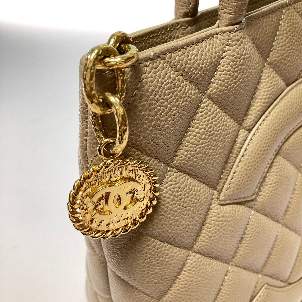 Chanel Reprint Tote Caviar Skin Tote Bag Coco Mark Gold Hardware Beige