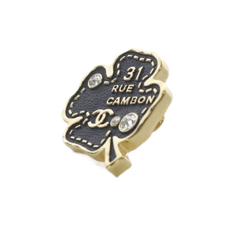 Chanel 31 RUE Cambon Coco Mark Clover Pin Brooch Rhinestone Black B23S YO6 - OH