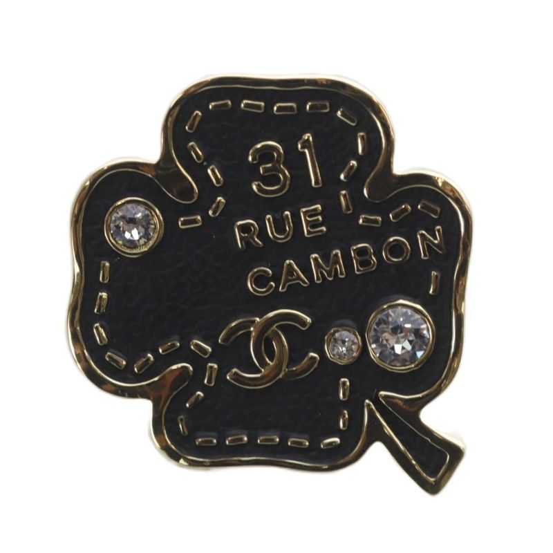 Chanel 31 RUE Cambon Coco Mark Clover Pin Brooch Rhinestone Black B23S YO6 - OH