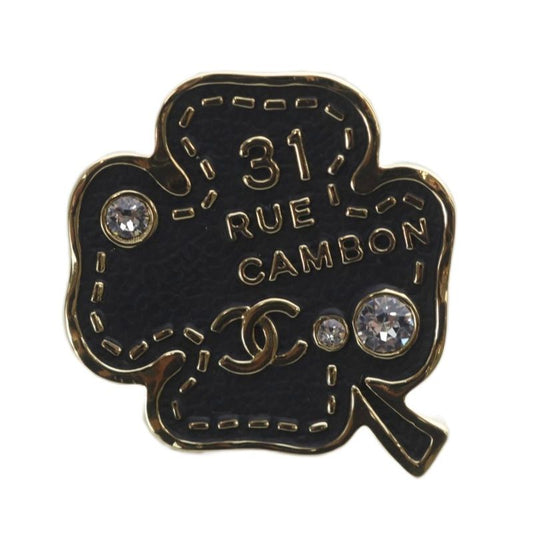 Chanel 31 RUE Cambon Coco Mark Clover Pin Brooch Rhinestone Black B23S YO6 - OH