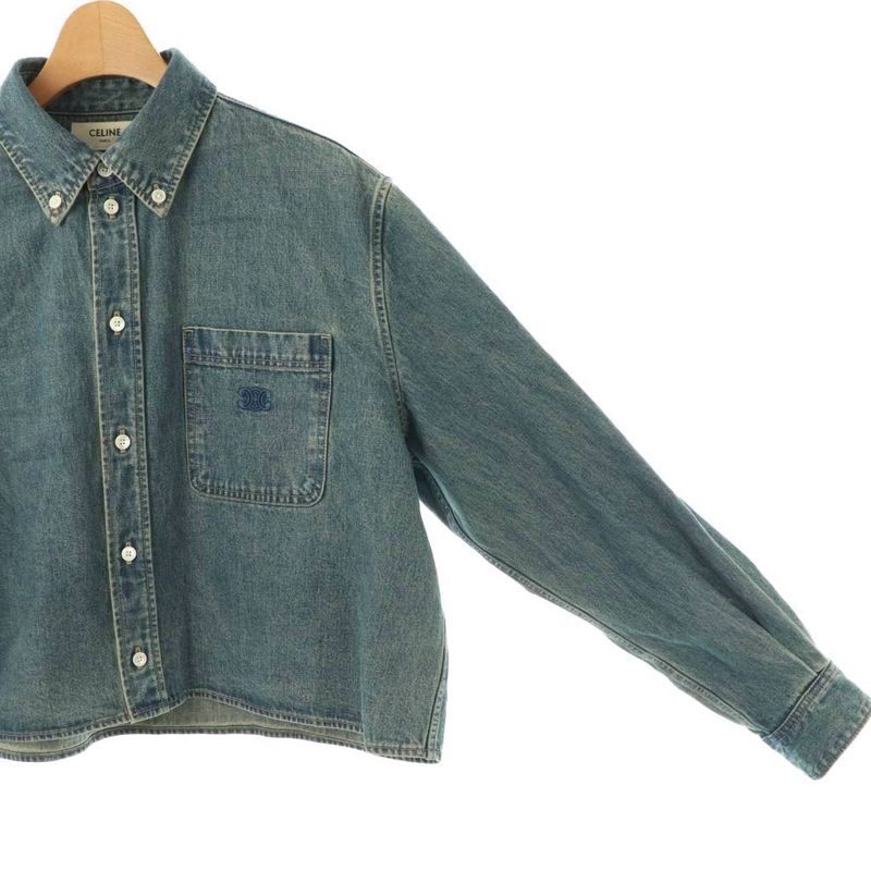 Celine Triomphe Embroidery Union O Chien Wash Cropped Denim Shirt Dungaree