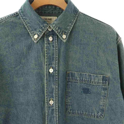 Celine Triomphe Embroidery Union O Chien Wash Cropped Denim Shirt Dungaree