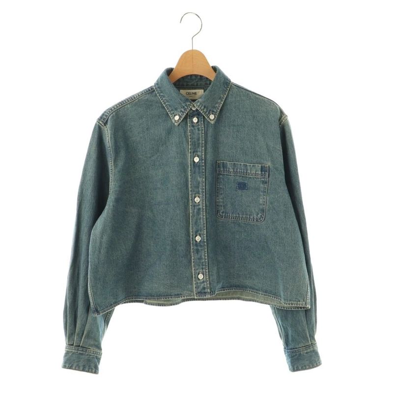 Celine Triomphe Embroidery Union O Chien Wash Cropped Denim Shirt Dungaree
