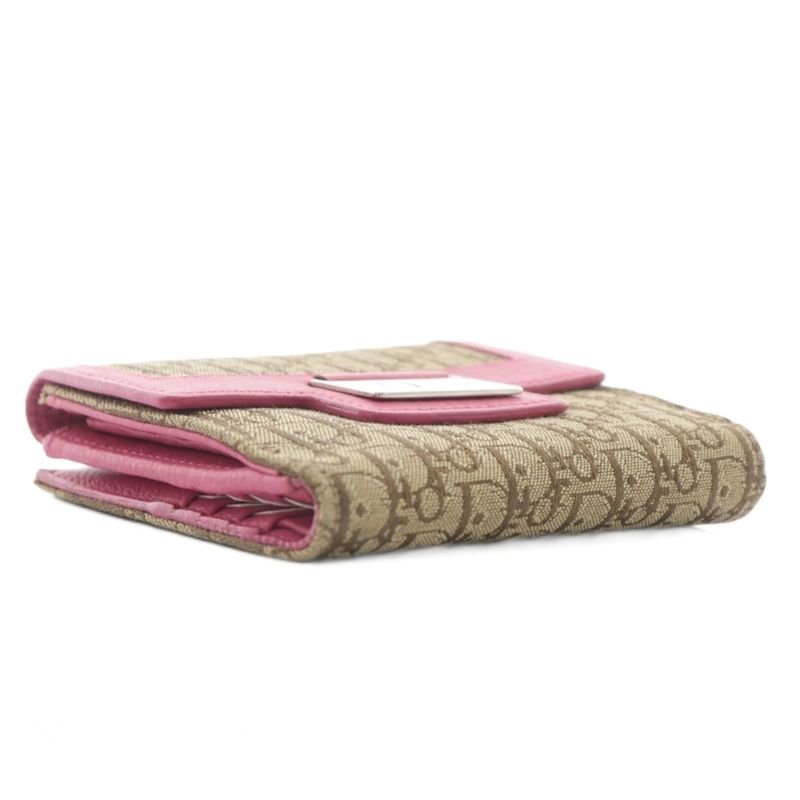 Dior Wallet Fold Canvas Leather Trotter Pattern W Hook Total Logo Silver