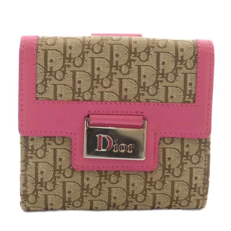 Dior Wallet Fold Canvas Leather Trotter Pattern W Hook Total Logo Silver