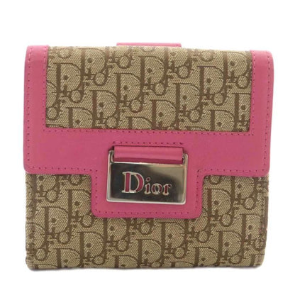 Dior Wallet Fold Canvas Leather Trotter Pattern W Hook Total Logo Silver