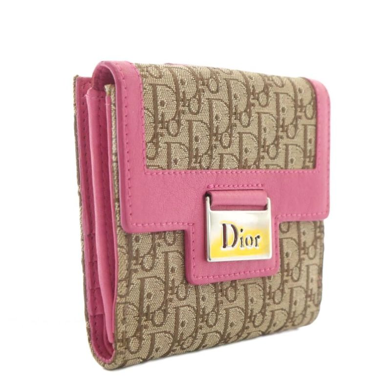 Dior Wallet Fold Canvas Leather Trotter Pattern W Hook Total Logo Silver