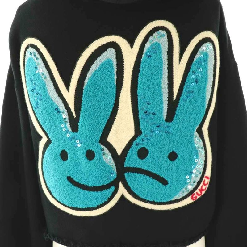 Gucci Cropped Pullover Hoodie Sweatshirt Applique Embroidery XXS Black Multicolo