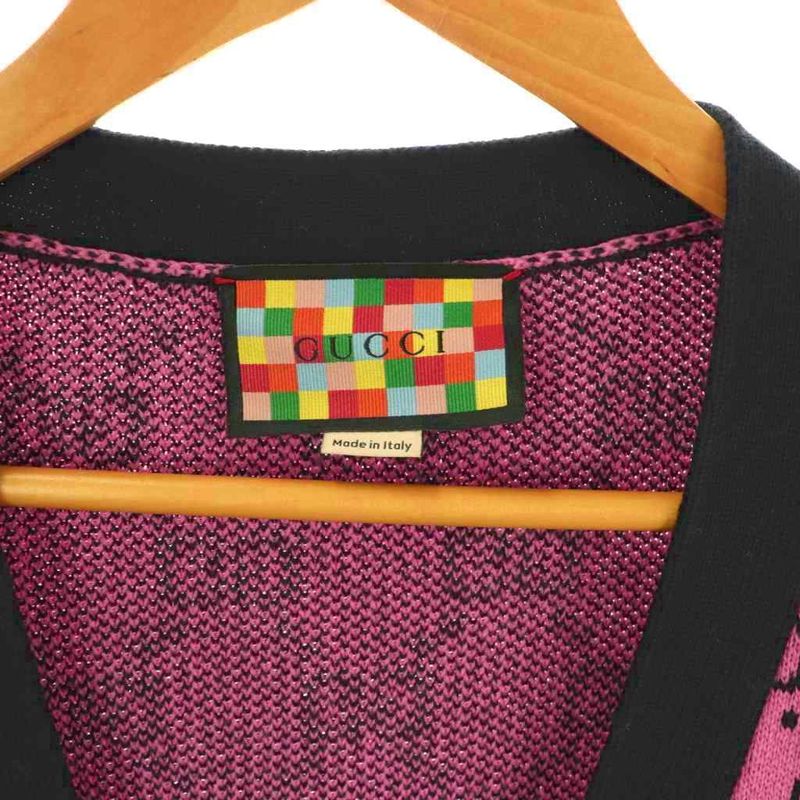 Gucci 662036 GG Pattern Wool Cardigan Knit V-neck S Pink Black ES - OS