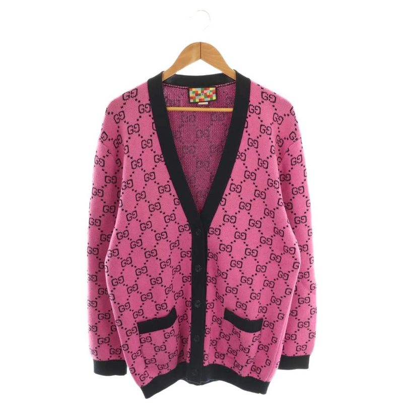 Gucci 662036 GG Pattern Wool Cardigan Knit V-neck S Pink Black ES - OS