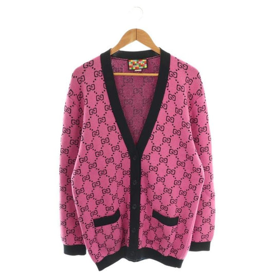 Gucci 662036 GG Pattern Wool Cardigan Knit V-neck S Pink Black ES - OS