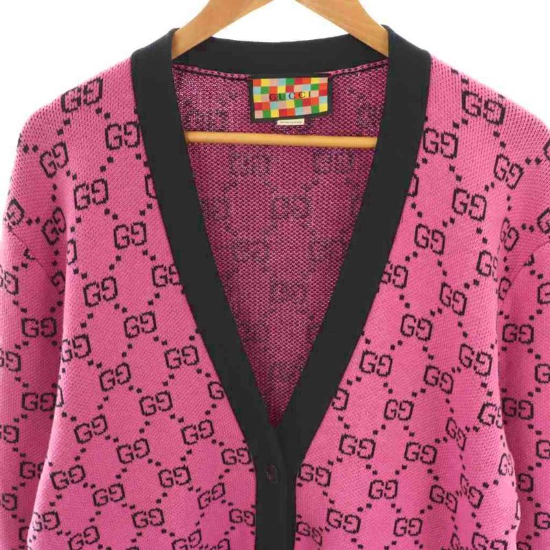 Gucci 662036 GG Pattern Wool Cardigan Knit V-neck S Pink Black ES - OS