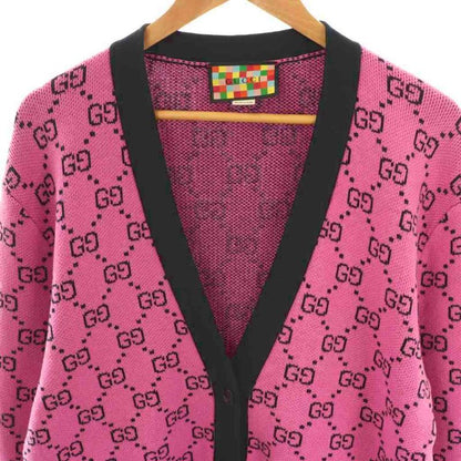 Gucci 662036 GG Pattern Wool Cardigan Knit V-neck S Pink Black ES - OS