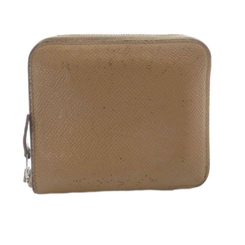 Hermes Azap Silkwin Compact Round Zip Wallet Leather Brown Marked U