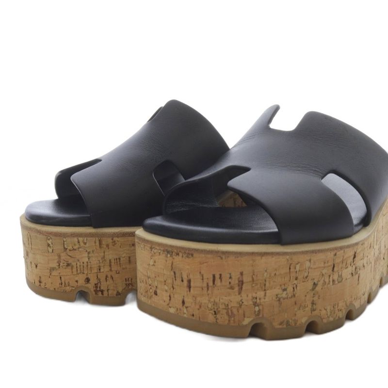 Hermes EZE H Cut Detail Sandals Platform Thick Leather 23.5cm (9.25in) Black