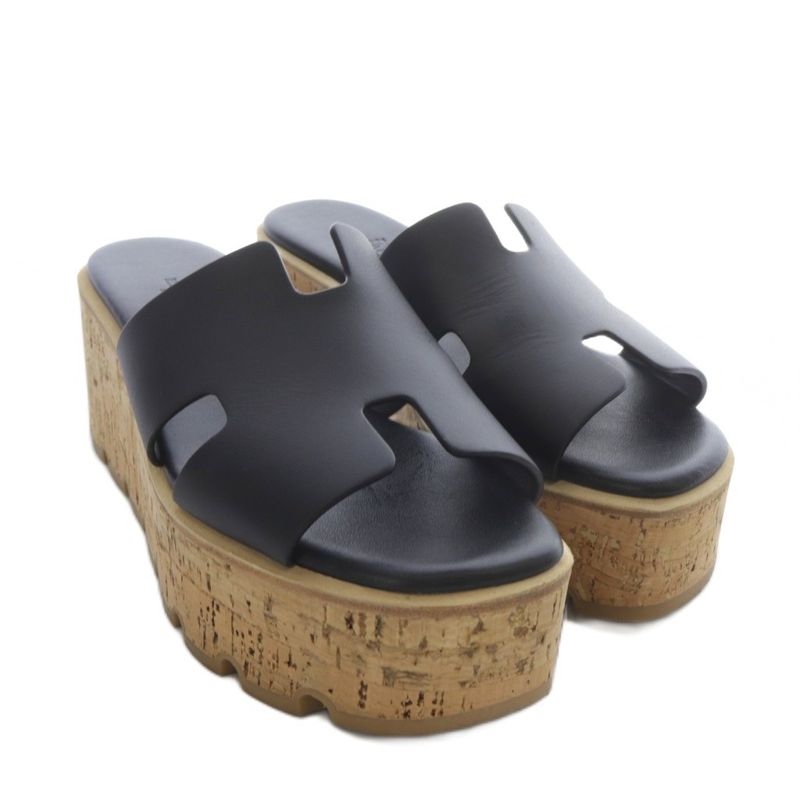 Hermes EZE H Cut Detail Sandals Platform Thick Leather 23.5cm (9.25in) Black