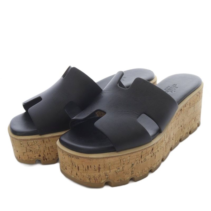 Hermes EZE H Cut Detail Sandals Platform Thick Leather 23.5cm (9.25in) Black