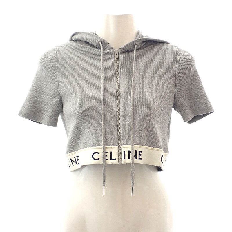 Celine Zip-up Logo 2a27z372n Hoodie Cotton Gray Women Short Sleeves [A Rank
