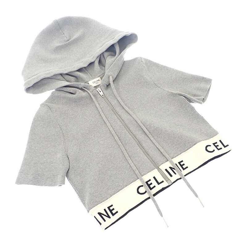 Celine Zip-up Logo 2a27z372n Hoodie Cotton Gray Women Short Sleeves [A Rank