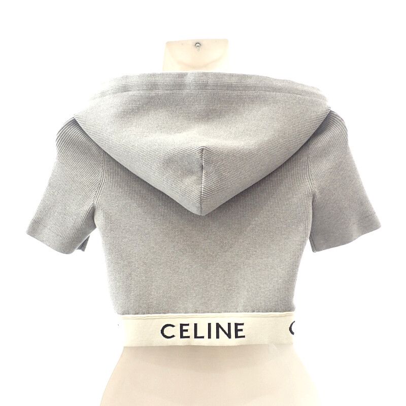 Celine Zip-up Logo 2a27z372n Hoodie Cotton Gray Women Short Sleeves [A Rank