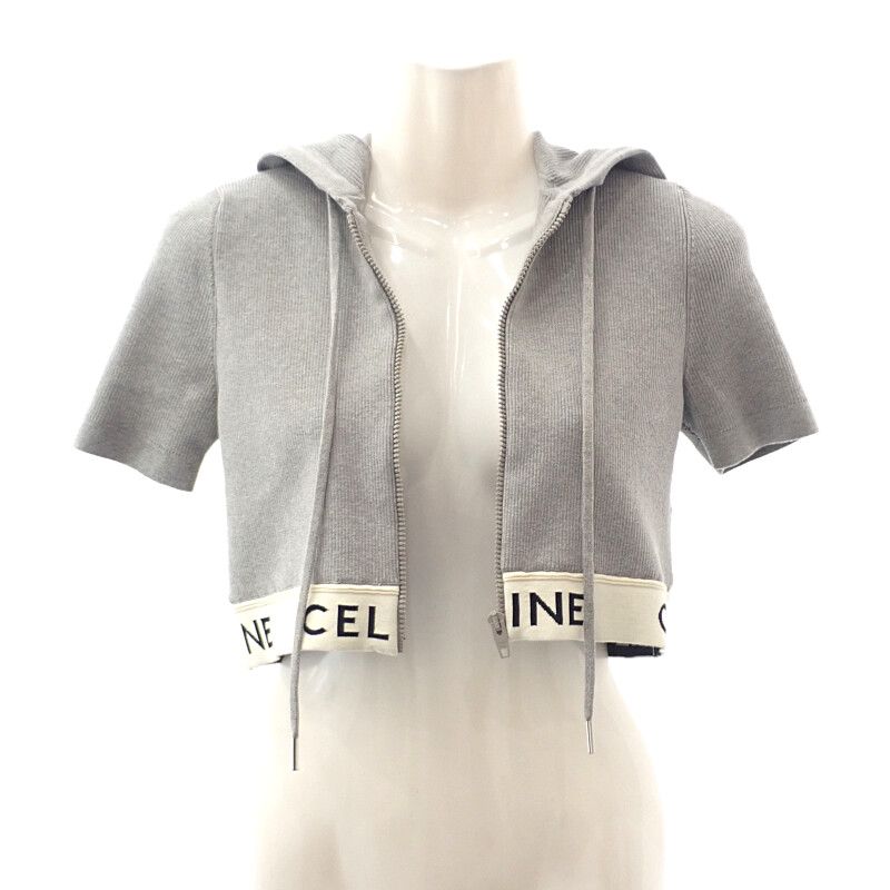 Celine Zip-up Logo 2a27z372n Hoodie Cotton Gray Women Short Sleeves [A Rank