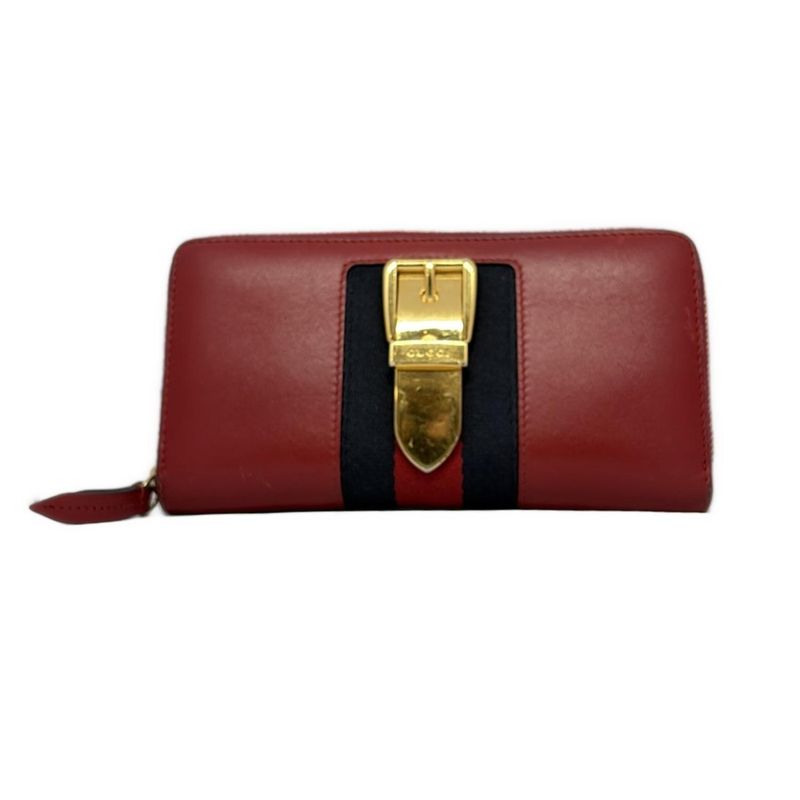 Gucci Long Wallet Sylvie 476083 Bordeaux X Dark Navy X Gold Round Zipper Leather