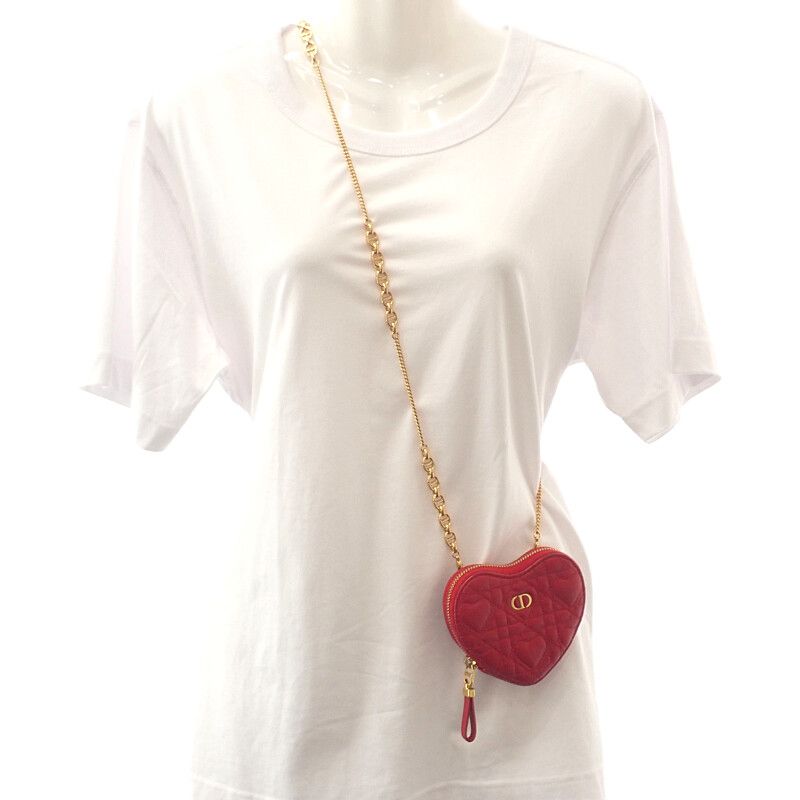 Dior Amour Caro Chain Heart Pouch S5097unid_m61r Shoulder Bag Calf Red Gold