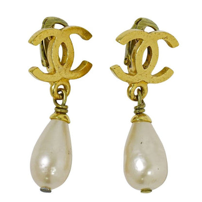 Authentic Chanel Coco Mark Faux Pearl Earrings GP Gold Plated White Coco Mark