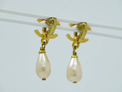Authentic Chanel Coco Mark Faux Pearl Earrings GP Gold Plated White Coco Mark