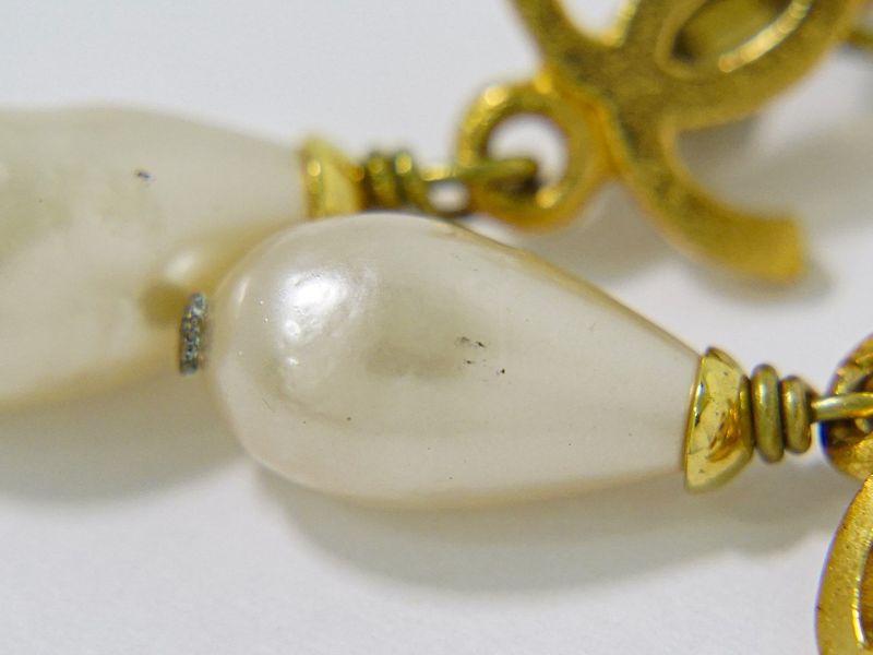 Authentic Chanel Coco Mark Faux Pearl Earrings GP Gold Plated White Coco Mark