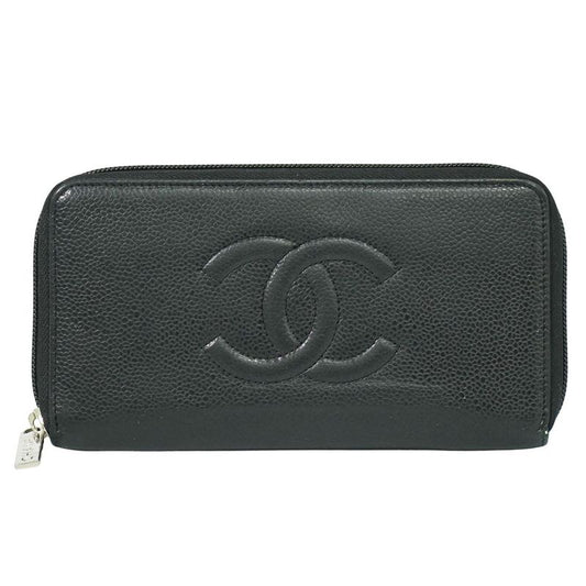 Authentic Chanel Coco Mark Round Zipper Long Wallet Long Wallet Caviar Skin