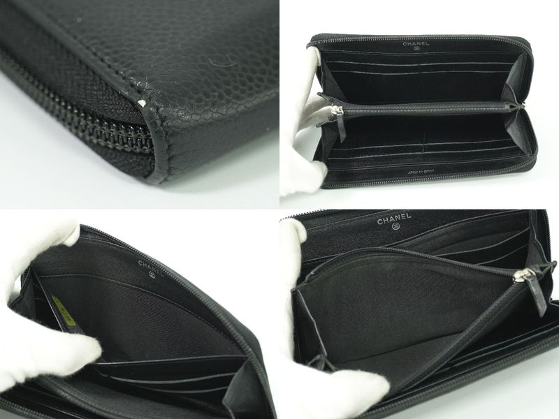Authentic Chanel Coco Mark Round Zipper Long Wallet Long Wallet Caviar Skin