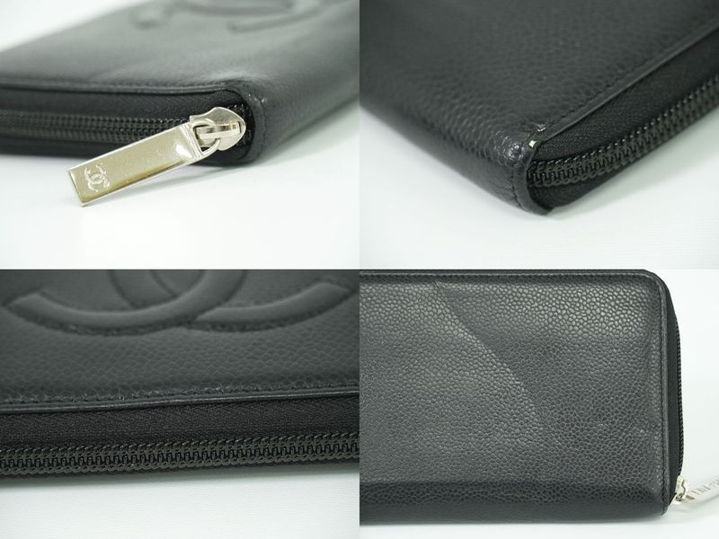 Authentic Chanel Coco Mark Round Zipper Long Wallet Long Wallet Caviar Skin