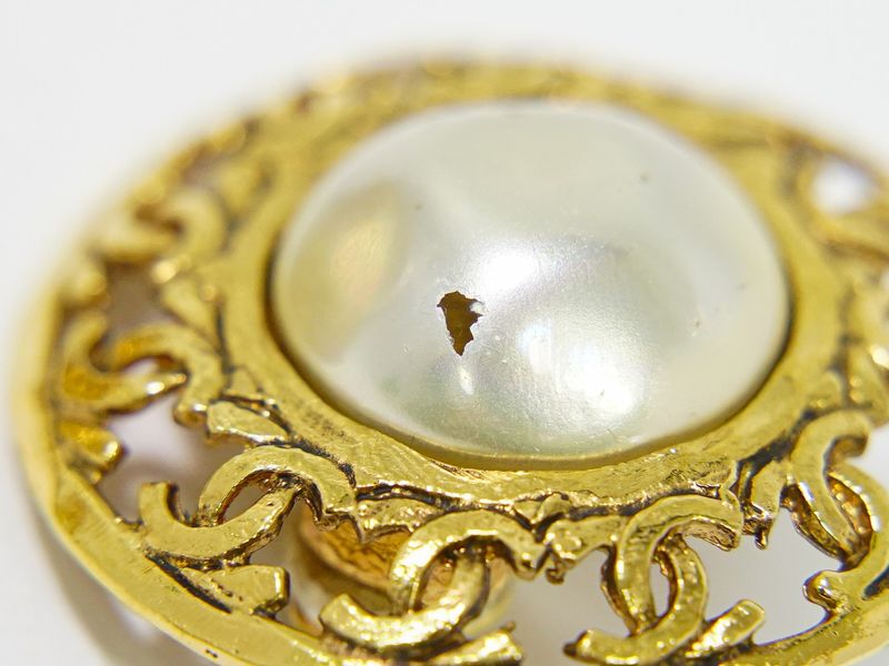 Authentic Chanel Coco Mark Faux Pearl Earrings GP Gold Plated White Coco Mark