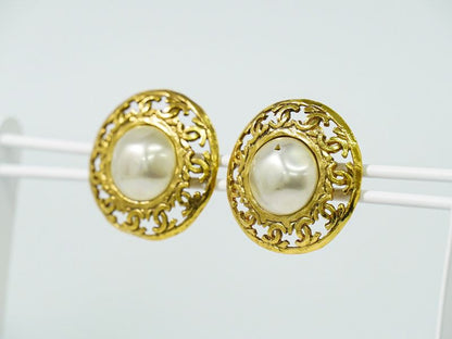 Authentic Chanel Coco Mark Faux Pearl Earrings GP Gold Plated White Coco Mark