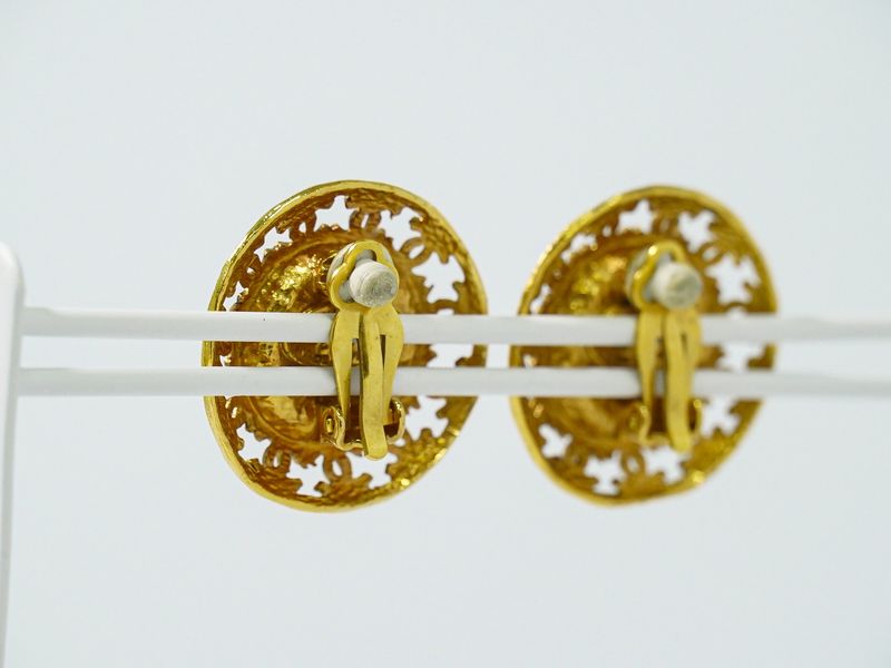 Authentic Chanel Coco Mark Faux Pearl Earrings GP Gold Plated White Coco Mark