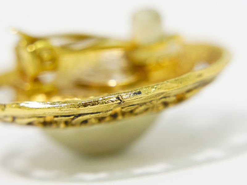 Authentic Chanel Coco Mark Faux Pearl Earrings GP Gold Plated White Coco Mark