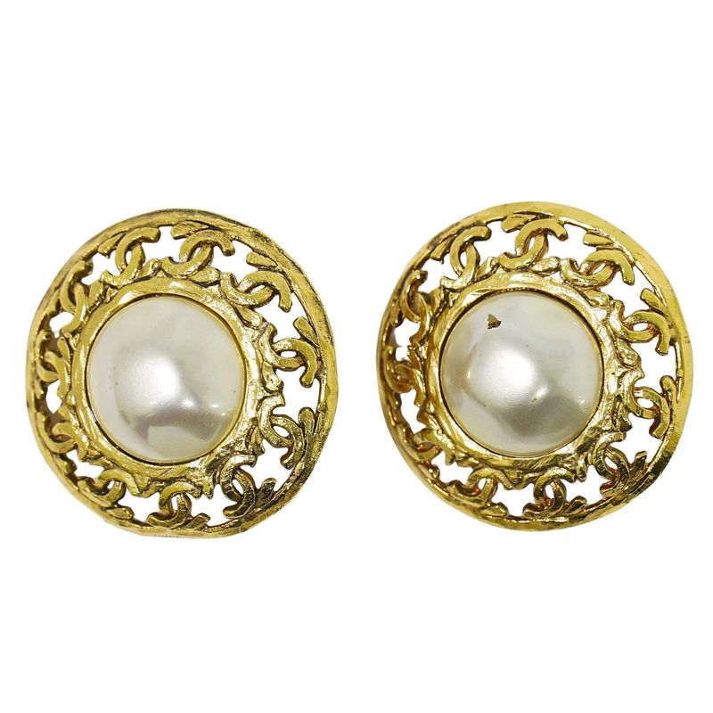 Authentic Chanel Coco Mark Faux Pearl Earrings GP Gold Plated White Coco Mark