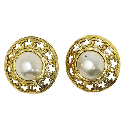 Authentic Chanel Coco Mark Faux Pearl Earrings GP Gold Plated White Coco Mark