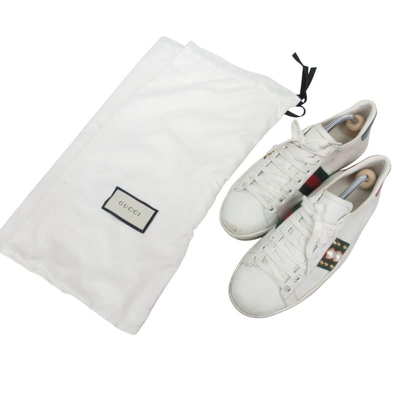 Gucci ACE Pearl Studded Low Cut Sneakers Sherry Line 36 White 438213 Ibo84