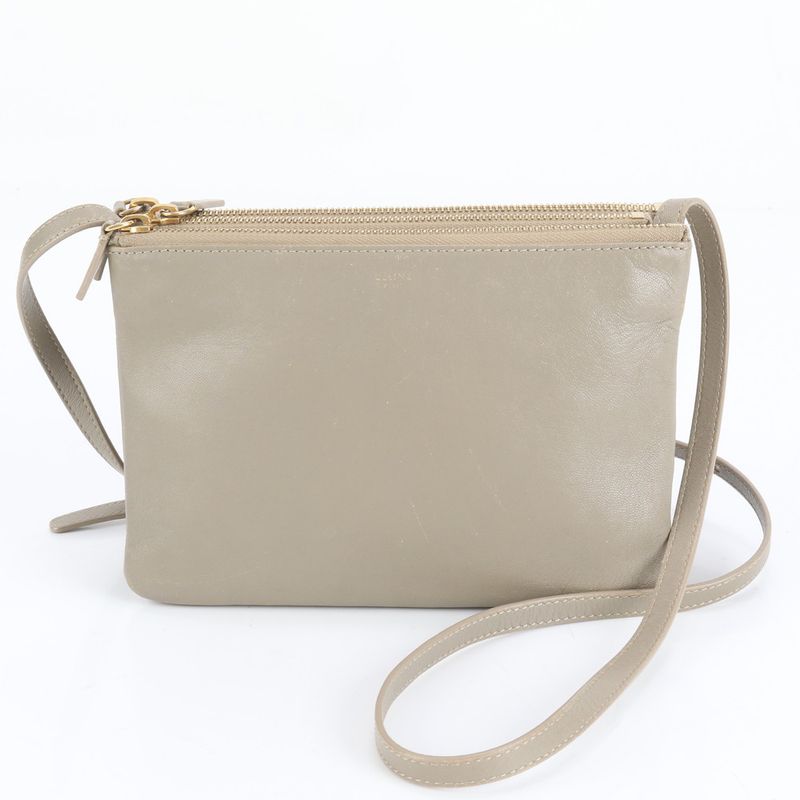 Celine Trio Small Leather Shoulder Bag Crossbody Beige Genuine Leather Women