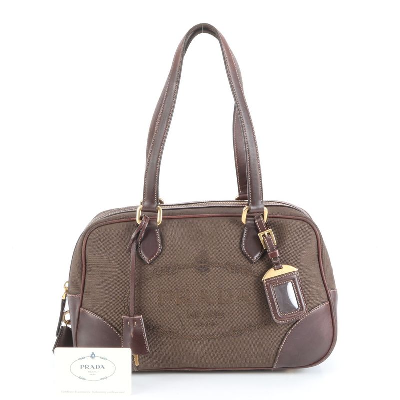 Prada Authenticity With Card Logo Jacquard Mini Boston Bl0262 Leather Tote Bag