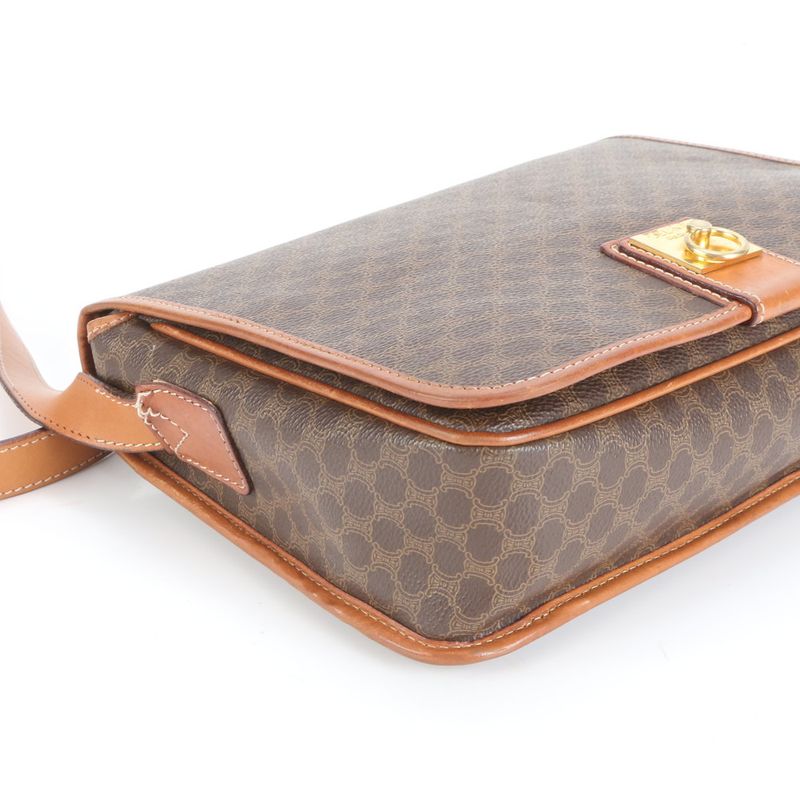 Celine Macadam Leather Shoulder Bag Crossbody Brown Gold Hardware Genuine