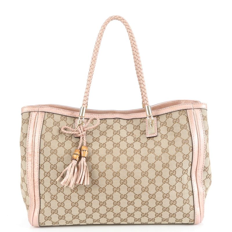 Gucci GG Canvas Bella Bamboo Ribbon Leather Tote Bag Shoulder Hand A4 Ladies